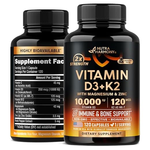 Vitamin D3 K2 - Vitamin D3 10000 iu & K2 as MK-7 120 mcg - Immune & Mood Support, for Bone & Teeth Health - with Magnesium, Zinc & Vitamin C & B12 - Highly Bioavailable - Made in USA, 120 Capsules