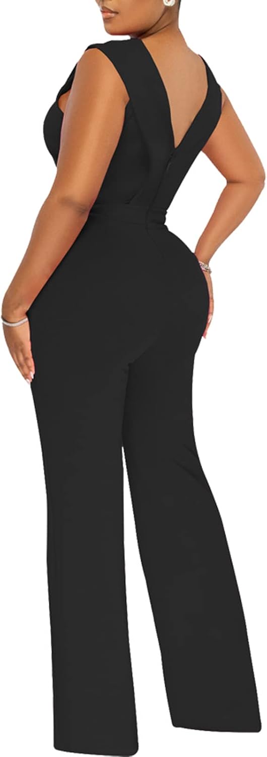 ZonJie Women's Dressy Jumpsuits Summer Sexy Party Rompers Elegant Deep V Neck Backless Clubwear Wide Leg Long Pants - Image 3