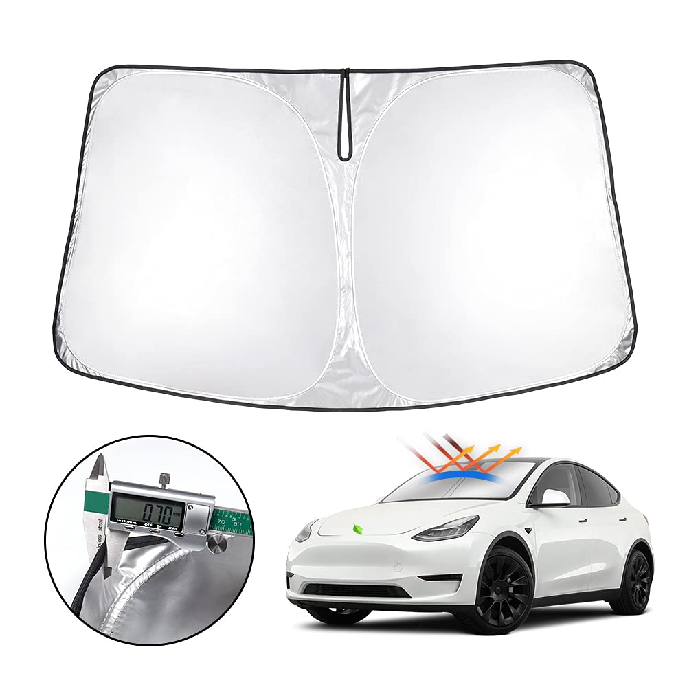 T TGBROS Windshield Sun Shade Custom Fit for 2020-2023 2024 2025 Tesla Model Y Accessories Foldable Sun Shield Reflective Polyester Sun Visor Cover Block Heat and Sun Protection