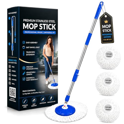 Image of Ultra Premium 360 Spin Mop Stick Rod with Stainless Steel Handle | Adjustable & Extendable Heavy Duty Mop Handle | Floor Cleaning Refill Rod Compatible with Spin Mop (Blue) (3 Head)