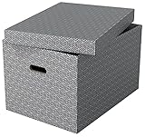 Esselte 3er Set große Aufbewahrungs- & Geschenkboxen mit Deckel, Schachteln für Wohnung/Büro & Organisationszwecke, 100% recycelter Karton, 100% recycelbar, geometrische Designs, Grau, 628287