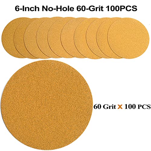 Image of 6-Inch No-Hole Hook and Loop Sanding Discs 60-Grit, Random Orbital Sandpaper for Automotive and Woodworking, 100-Pack