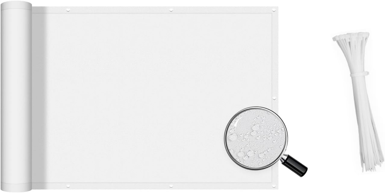 SUNNY GUARD 3.3'x19.7' White Waterproof Balcony Privacy Screen Fence, Apartments Railing Heavy Duty Wind Screen for Outdoor,Deck,Backyard,Patio Privacy