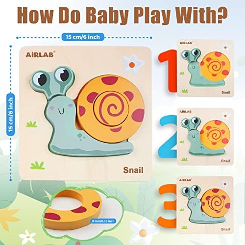Airlab Wooden Jigsaw Puzzle for Kids, Garden Animals Chunky Shape Puzzles for Toddlers 1 2 3 Year Olds, Baby Montessori Preschool Educational Learning Toys for Girls Boys, Children Handmade Toys