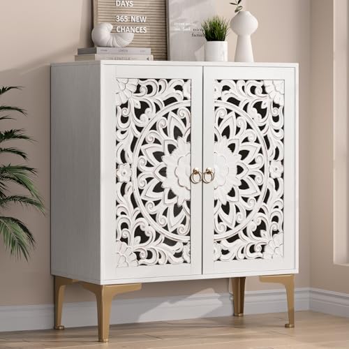 Image of Accent Cabinet with Doors, Decorative Sideboard Buffet Cabinet with Adjustable Shelf, Carved Buffet Table with Gold Legs for Living Room, Entryway, Kitchen, Hallway, White