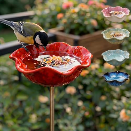 Vogeltränke Blume & Bienentränke Keramik Gartenstecker Insektentränke Garten für Wasser & Vogelfutter Dekorative Keramikblüten für Bienen & Vögel (1 Rot)