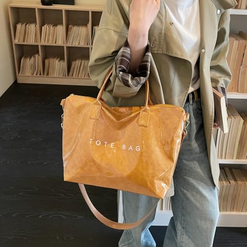 Image of PVC Tote Bag Gifts for Women Large Tote Purse Kraft Paper Letter Print Hobo Handbags for Work Beach Shopping Travel