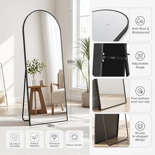 Image of Full Length Mirror, 58 inchx19 inch Arched Floor Mirror Freestanding, Floor Standing Full Body Mirror with Stand for Bedroom, Hanging Mounted for Living Room Cloakroom