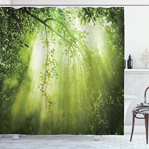 ABAKUHAUS Forest Shower Curtain, Rays of Sun Deep Dark in the Forest in Foliage with Effects Scenic Image Print
