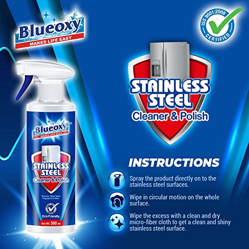 Image of BLUEOXY Stainless Steel Cleaner and Polish | Stainless Steel Magic | Removes Fingerprints | Water Marks and Grease from Appliances Refrigerators | Ecological Formulation | 500 ML | RTU Spray | QTY 2