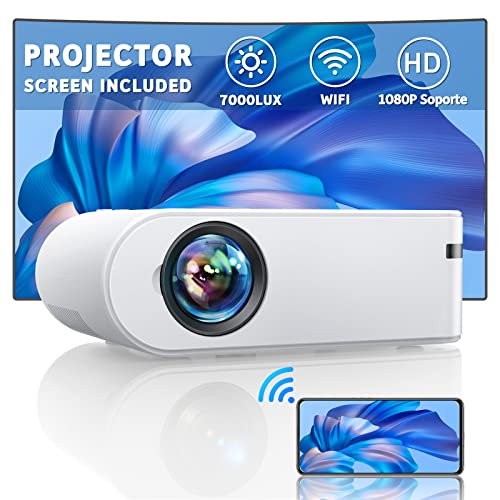 YABER Proyector WiFi, Mini Proyector 7000 Lúmenes 1080P Full HD [Pantalla de Proyector Incluida], Cine en Casa 200' Duplicar Pantalla para Android/iPhone Smartphone iPad,HDMI/USB/VGA/AV/SD