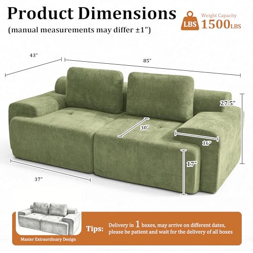 Image of 85 inch Oversized Boneless Couch, Comfort Cloud Sectional Couches for Living Room, Modular Sofa High Back & Extra Deep Seat, No Assembly, Soft Chenille Fabric (Olive Green, 85 inch- Shaped(2+0))