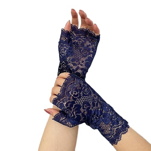 Wambere Spitzenhandschuhe,Fingerlose Handschuhe Vintage Fäustlinge Damen Spitze Stickerei Fingerlose Sonnenschutz Braut Handgelenk Handschuhe für Hochzeit Teeparty Zubehör Party Halloween,Navy blau
