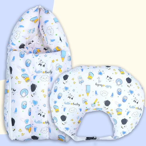 Image of Baby Bedding Set Combo for New Born - Baby Sleeping Bag, Baby Feeding Pillow Ideal for 0 to 6 Months Babies (Panda Blue)