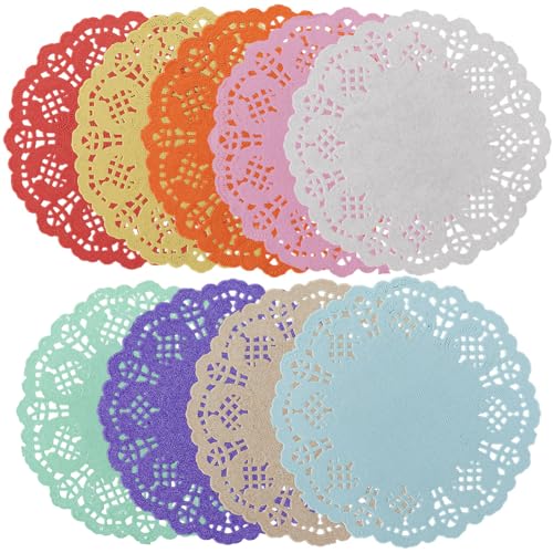 CREATCABIN 180 napperon Rond en Papier Dentelle Coloré Mini Set de Table Jetable Papier Sulfurisé pour la Cuisine la Pâtisserie la Décoration de Table 8.8cm