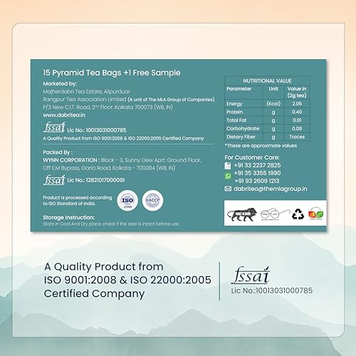 Image of DABRI Darjeeling Orthodox Black Tea 16 Pyramid Dip Tea Bags | No muslin or paper used | Authentic Black Tea from the premium estates in Darjeeling | Light, Floral & Muscatel Flavor