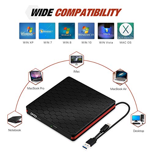 External CD/DVD Drive USB 3.0 Type-C Portable R/W Optical Drive Slim CD DVD Burner Recorder CD ROM for Laptop/MacBook/Desktop/MacOS/Windows10/8/7 (#Black)