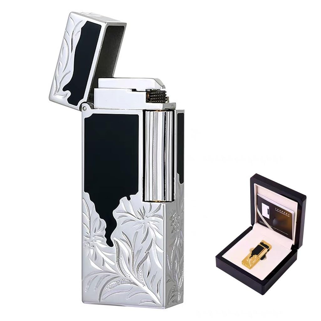 High-end Narrow Flip Lighter Butane Gas Refillable Brass Hand-Carved Gift Box Packaging for Collection Mens Gifts Black Silver