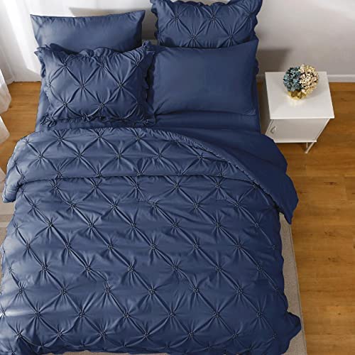 JOLLYVOGUE Navy Blue Full Size Comforter Sets 7 Pieces, Pintuck Bed in a Bag Comforter Set for Bedroom, Bedding Comforter Sets with Comforter, Sheets,Ruffled Shams & Pillowcases