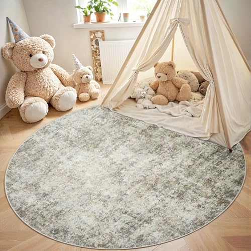 Round Rug 5ft Circle Rug Washable: Carpet Small Circular Area Rug for Entryway Kitchen Bedroom Dining Room Living Room 5 Feet Abstract College Dorm Non Slip Low Pile Beige Brown