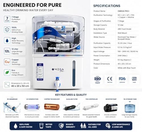 Image of Aqua Omega RO Domestic Water Purifier With RO+UV+TDS Controller For Home /Office Purpose, Automatic | 12 Liter Storage