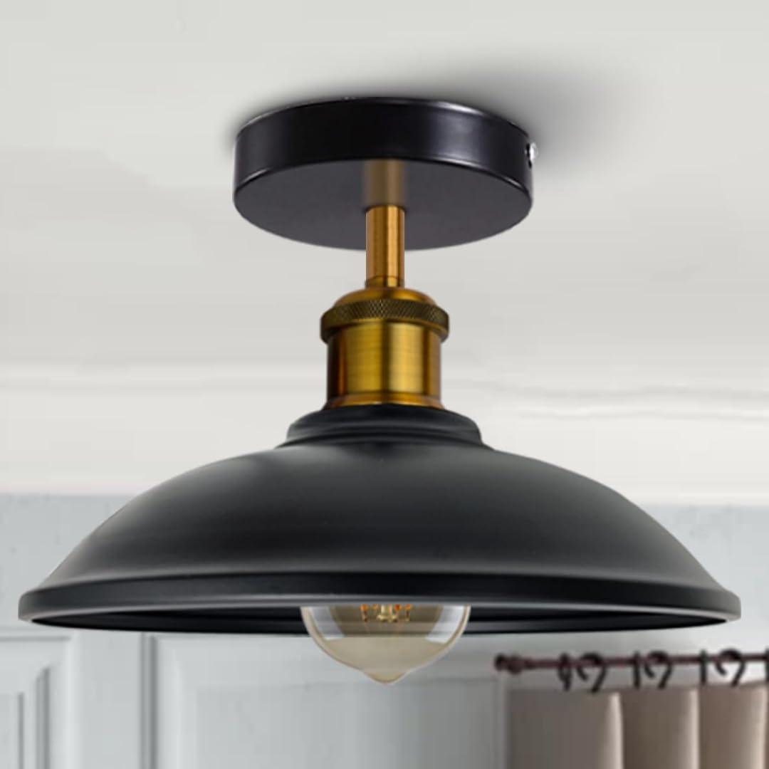 DC VOLTAGE Vintage Ceiling Light Flush Mounted E27 Base Metal 24cm Black Shade Industrial Indoor Ceiling Lamp for Entryway Study Room Bedroom Hallway Without Bulb