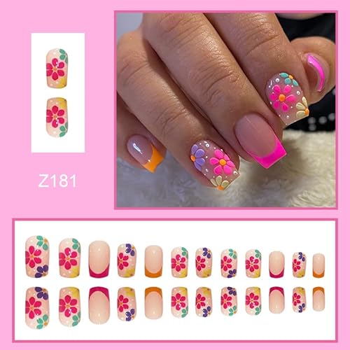 Flower Press On Nails Short Square French Fake Nails Acrylic Artificial Full Cover Spring False Nails With Multicolor Floral Designs Glue On Nails Beautiful Nails For Women Decoration 24Pcs #TOP1