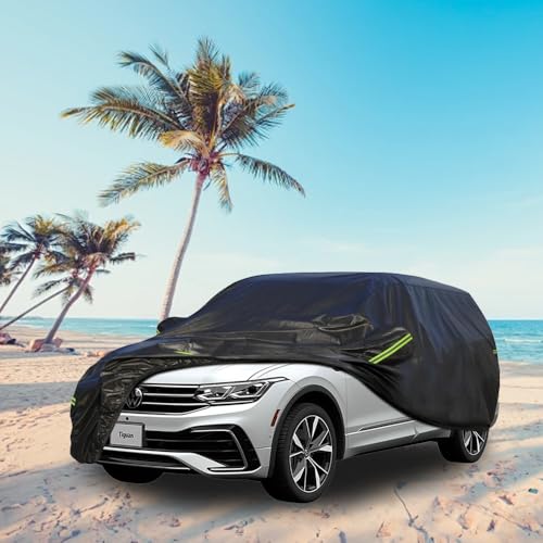 Image of KouKou Waterproof SUV Car Cover Suitable for Volkswagen Tiguan 2020-2025, 7 Layers Windproof All Weather Waterproof Outdoor Cover Sun Rain UV Dust Snow Protection. Black