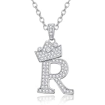 925 Sterling Silver Initial Letter A-Z Pendant White Gold Plated Crown Initial Pendant Necklace for Women with Micro Pave Setting Cubic Zirconia Cable Chain 18"+2" Adjustable
