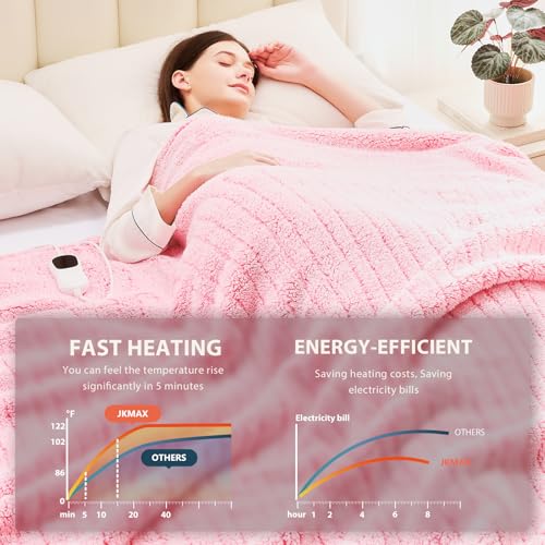 JKMAX Heated Electric Blanket Queen Size - 84"x90" Flannel Heating Blanket with 10 Heating Levels & 5 Time Settings Over-Heat Protection, Winter Warmer for Adults with ETL Certification(Pink)