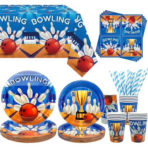 Obussgar Decorazioni per feste di bowling – Accessori da tavola per feste di compleanno inclusi piatti, bicchieri, tovaglioli, tovaglie, cannucce – per 20 persone