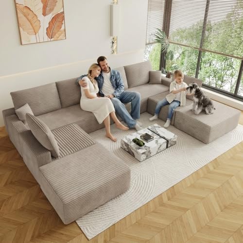 Image of Oversized Modular Sectional Sofa Couch, Large 8 Seater Corner Sofa Modern U Shaped Sectional Couch with Ottoman Cloud Couches for Living Room, Office, Spacious Space, Corduroy, No Assembly, Camel