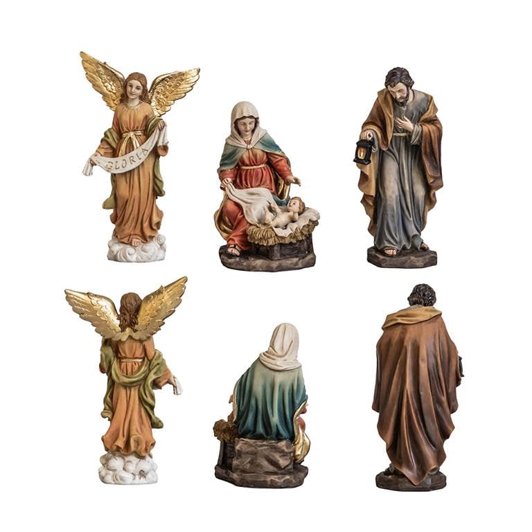 Misterio Nacimiento de 10 Piezas Clasico con Reyes, Angel, Pastor y Animales de Resina Pintado a Mano 23 cm Alto