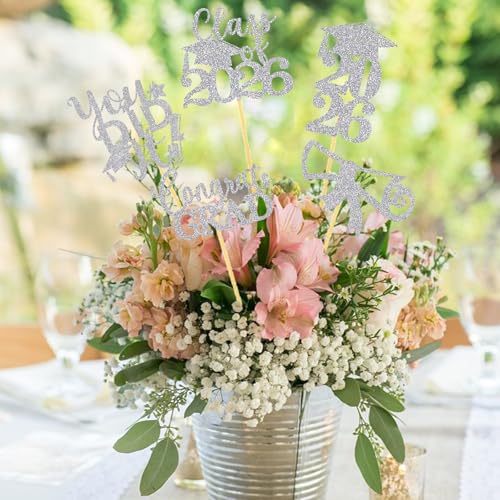 Image of Graduation Centerpiece Sticks 24PCS Glitter Grad Picks Party Table Decor Senior High School College Sign Silver