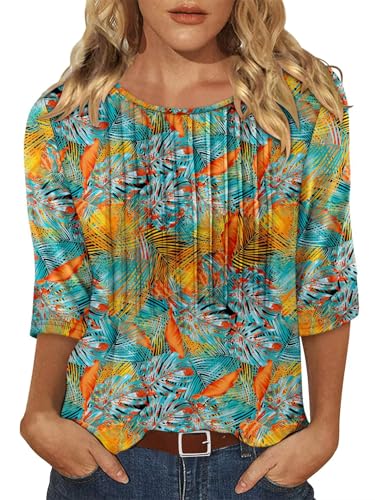 KISSMODA Tunic Tops for Women Loose Fit Dressy Round Neck Pleated 3/4 Length Sleeve Spring Tops