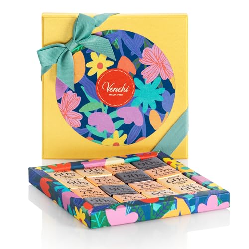 Venchi - Cofre de Primavera Mini Blend Surtidos, 47 Gr, 16 Cuadraditos de Chocolate Negro 60%, 75% y 90%, Sin Gluten, Colección de Primavera Venchi, Idea de Regalo