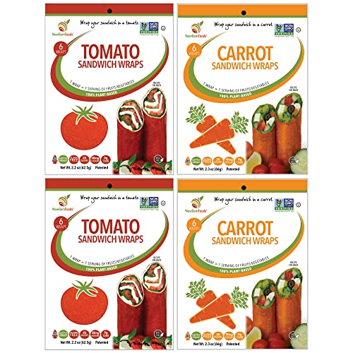 Carrot &amp; Tomato Sandwich Wraps (Four-Pack) – Plant-Based, Vegan, Gluten-Free, Low-Carb Wrap Variety Pack – Non-GMO, Paleo Tortilla Alternative for Healthy, Creative Meals