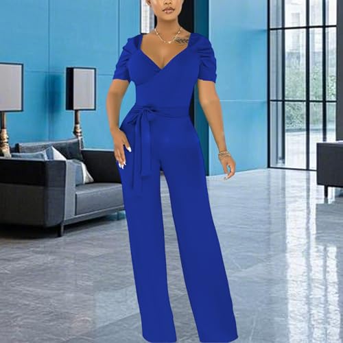 Image of PaladMom Womens Elegant Plus Size Jumpsuits Sexy Back zipper Short Sleeve Mid Waist Wide Leg Straight Rompers