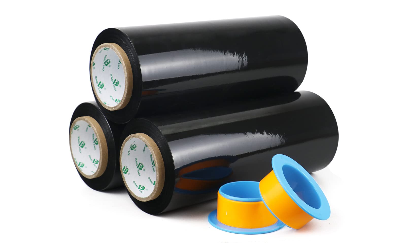 Paquete de 3 Film estirable negro, film de embalaje, film transparente 250m x 400 mm con asa de plástico, para embalaje y mudanzas, BOMEI PACK