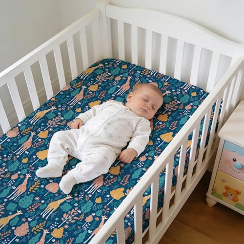 Image of JISEN Baby Crib Sheets Soft Breathable Giraffe Fitted Crib Sheets for Standard Crib and Toddler Mattress Baby Bed Sheets for Boys Girls Neutral 52x28 Inch Forest