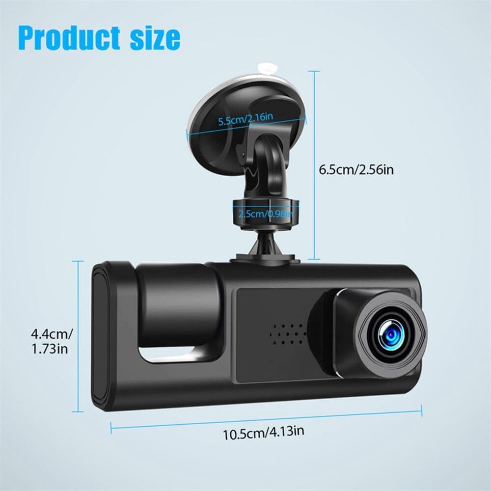 Dash Cam Auto 3 Lenti Full HD 1080P, Tripla Videocamera Frontale + Abitacolo + Posteriore, Visione Notturna, Monitoraggio Parcheggio 24H, Display Integrato, Installazione Facile con Supporto Ventosa