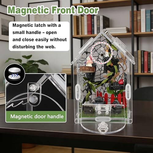 Image of Jumping Spider Enclosure Kit with Accessories | Acrylic terrarium for tarantula mantis reptile. Magnetic lock & feeder. Clear 360 view. DIY decor set.