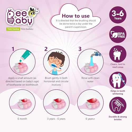 Image of BeeBaby Brush Buddy Toothbrush for Kids 3-6 Years, Long Handle for Easy Grip, 10 x Softer Tapered Bristles Ideal for Milk and Permanent Teeth, 100% BPA Free. Yellow & Pink. Pack of 2