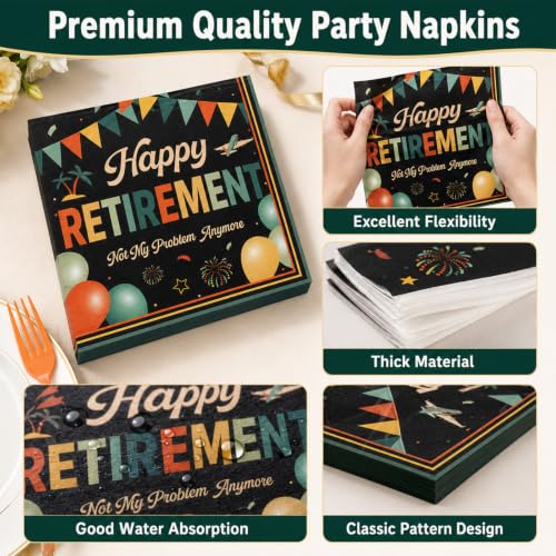 Image of Qyeahkj 100 Pcs Retirement Party Plates and Napkins Set Happy Retired Birthday Party Decorations Supplies Paper Dessert Tableware Vintage Farewell Themed Favors for Birthday Decorations Serves 25