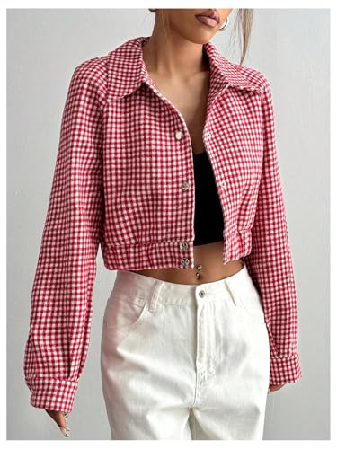 SHENHE Women's Cropped Bomber Jacket Houndstooth Button Down Crop Plaid Shacket Jacket3