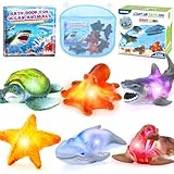 6 Pack Light Up Bath Toys & Magic Bath Book & Storage Bag for Toddler, No Hole Floating Ocean Animal with LED Flashing Colors, Glow Sensory Bathtub Toy for Kid, Water Table Toy, Gift for Boy Girl