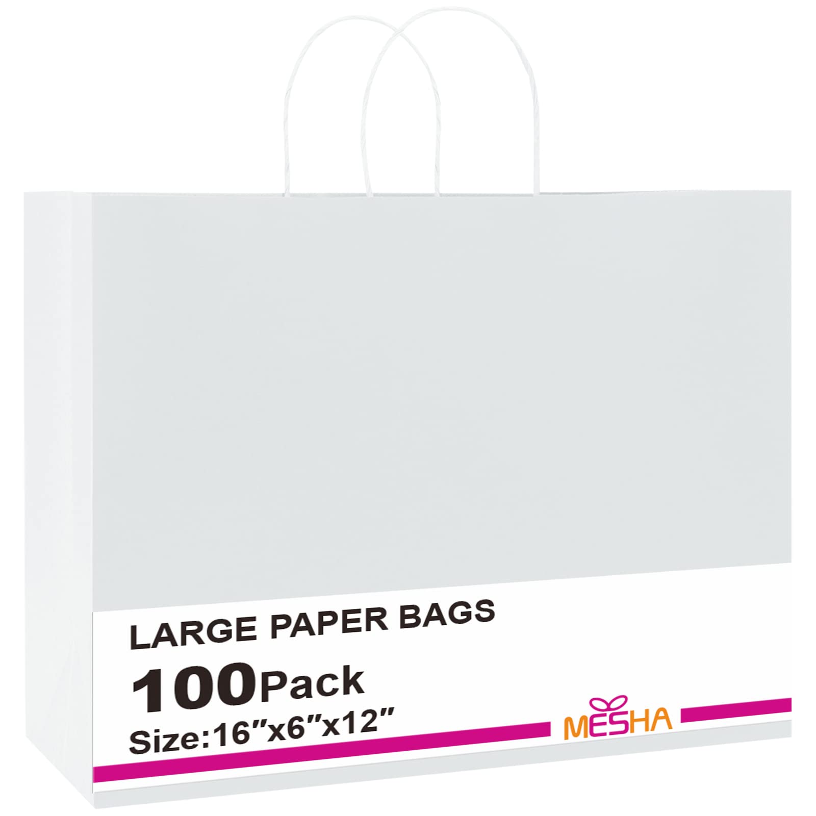 MESHA White Paper Gift Bags 16x6x12 Inch 100PC Large Kraft Paper Bags with Handles Bulk,Shopping Bags, Party Bags, Recycled Paper Gift Bags
