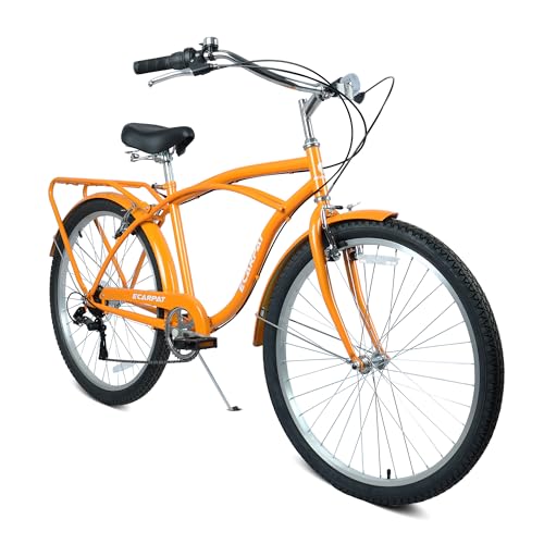Ecarpat 26 Inch Beach Cruiser Bike for Mens Womens Adult, Womens Bicycle with Rattan Front Basket, Mens Bybrid Bicycle, 7-Speed Comfort Commuter Bikes with Adjustable Seat and Dual V-Brake
