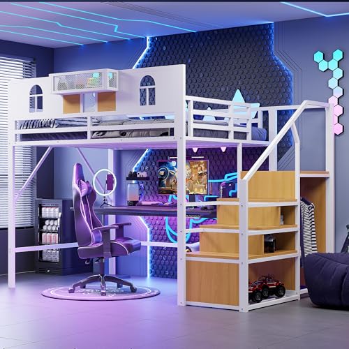 LAKFEW Cama Alta de Metal 140x200 cm con Escalera de Almacenamiento y Protección Anticaída, Cama Infantil con Ventana y Estante, Camas Altas para Niños y Juveniles, Sin Colchón, Blanco