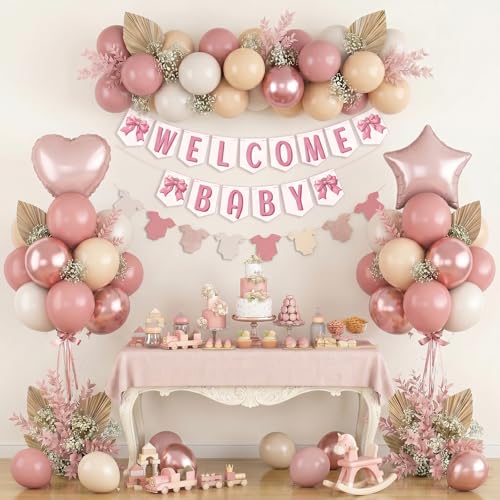 Dusty Pink Baby Shower Decorations Oh Welcome Baby Girls Balloon Set Star Heart Foil Balloons Bunting Banner Bodysuit Paper Garland Bow Boho Blush Beige Rose Gold White Sand Gender Reveal Party Boys